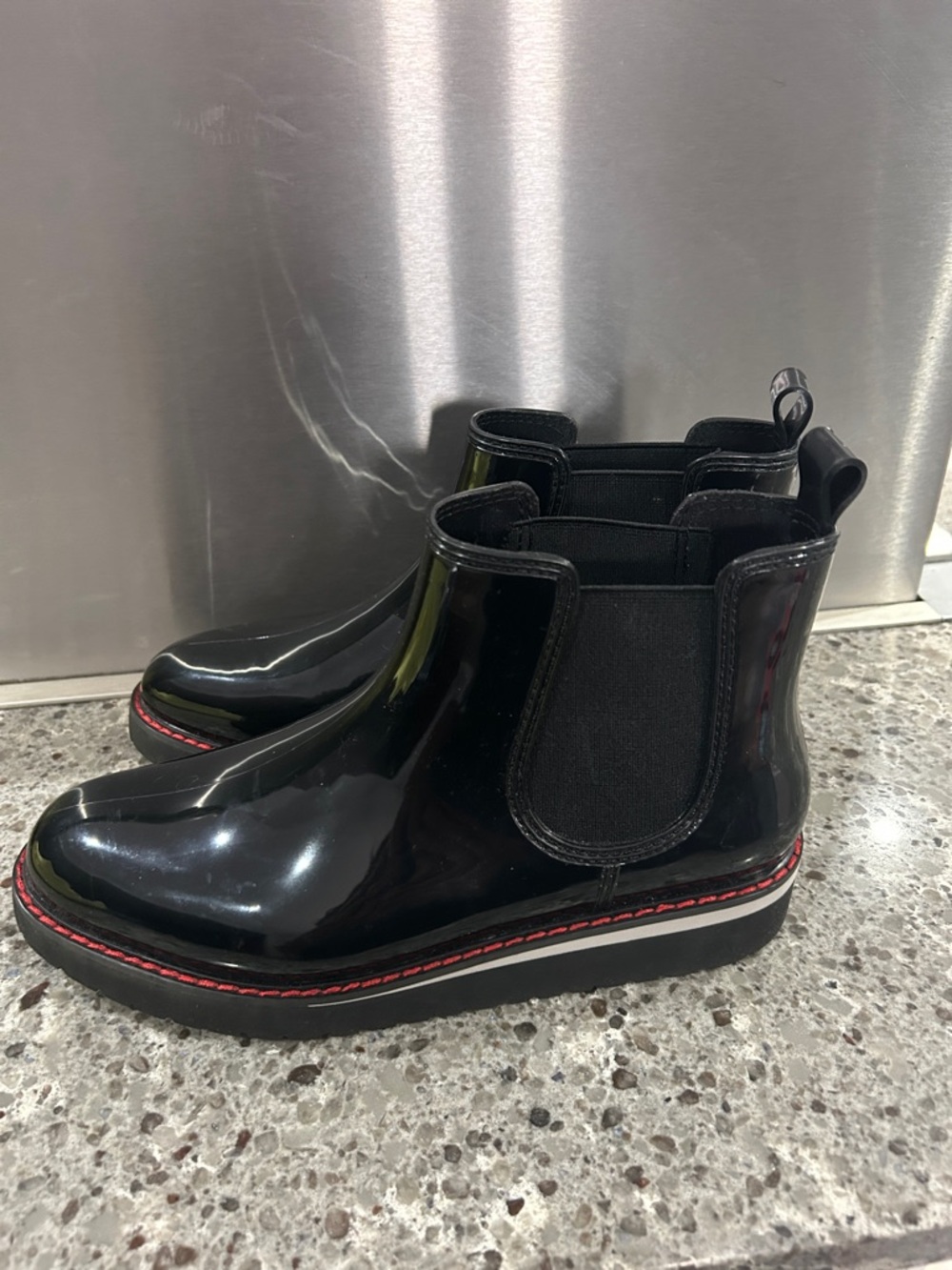 Cougar Black Patent Chelsea Rain Boots with Red Stitch Accent